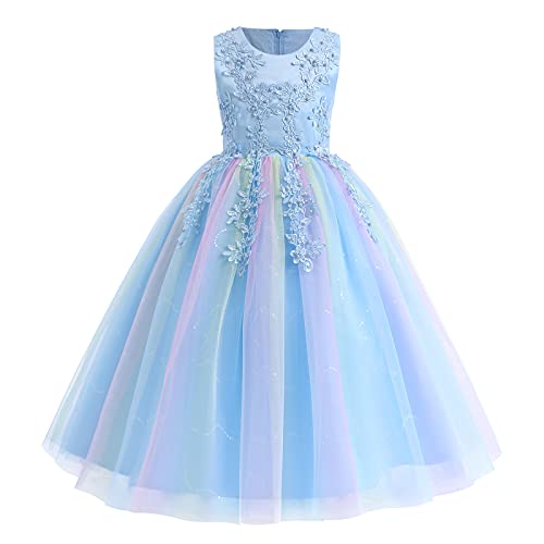 Blumenmädchen Kleid Kinder Prinzessin Regenbogen Tüll Maxikleid Partykleid Hochzeit Brautjungfer Formal Langes Abendkleid Pailletten Blumenstickerei Feierliche Anlässe Festkleid Blau 3-4 Jahre 120 von FYMNSI