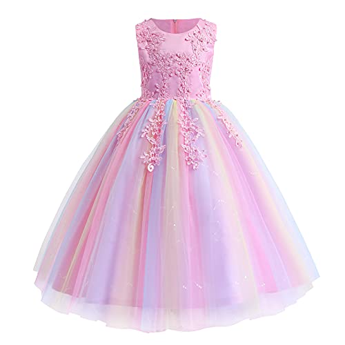 Blumenmädchen Kleid Kinder Prinzessin Regenbogen Tüll Maxikleid Partykleid Hochzeit Brautjungfer Formal Langes Abendkleid Pailletten Blumenstickerei Feierliche Anlässe Festkleid Rosa 6-7 Jahre von FYMNSI