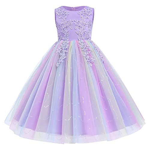 Blumenmädchen Kleid Kinder Prinzessin Regenbogen Tüll Maxikleid Partykleid Hochzeit Brautjungfer Formal Langes Abendkleid Pailletten Blumenstickerei Feierliche Anlässe Festkleid Violett 7-8 Jahre von FYMNSI