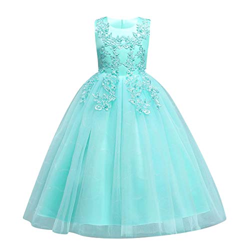 Blumenmädchen Kleid Kinder Prinzessin Tüll Maxikleid Partykleid Hochzeit Brautjungfer Formal Langes Abendkleid Pailletten Blumenstickerei Feierliche Anlässe Festkleid Ballkleid Hellgrün 6-7 Jahre von FYMNSI