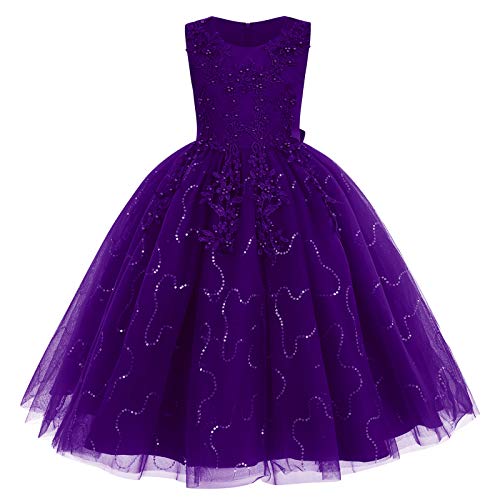 Blumenmädchen Kleid Kinder Prinzessin Tüll Maxikleid Partykleid Hochzeit Brautjungfer Formal Langes Abendkleid Pailletten Blumenstickerei Feierliche Anlässe Festkleid Ballkleid Lila 7-8 Jahre von FYMNSI