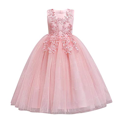 Blumenmädchen Kleid Kinder Prinzessin Tüll Maxikleid Partykleid Hochzeit Brautjungfer Formal Langes Abendkleid Pailletten Blumenstickerei Feierliche Anlässe Festkleid Ballkleid Rosa 7-8 Jahre 16/150 von FYMNSI