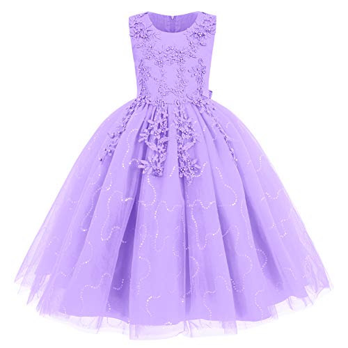 Blumenmädchen Kleid Kinder Prinzessin Tüll Maxikleid Partykleid Hochzeit Brautjungfer Formal Langes Abendkleid Pailletten Blumenstickerei Feierliche Anlässe Festkleid Ballkleid Violett 7-8 Jahre von FYMNSI