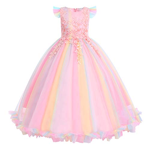 FYMNSI Mädchen Kleid Kinder Party Hochzeit Prinzessin Festzug Tutu Tüll Kleider Stickerei Blumenmädchenkleid Abschlussball Ballkleid Hochzeitskleid Geburtstagskleid Abendkleid Regenbogen 6-7 Jahre von FYMNSI