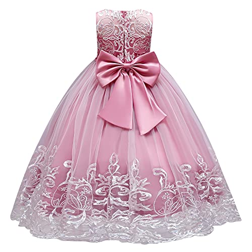 Blumenmädchen Kleid Mädchen Kinder Langes Abendkleid Festlich Festkleid Hochzeit Brautjungfern Feierliche Anlässe Geburtstag Partykleid Prinzessin A-Linie Stickerei Tüllkleid Dunkelrosa 4-5 Jahre von FYMNSI