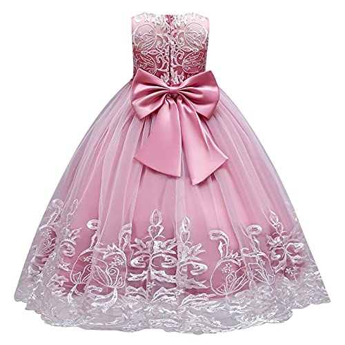 Blumenmädchen Kleid Mädchen Kinder Langes Abendkleid Festlich Festkleid Hochzeit Brautjungfern Feierliche Anlässe Geburtstag Partykleid Prinzessin A-Linie Stickerei Tüllkleid Dunkelrosa 9-10 Jahre von FYMNSI
