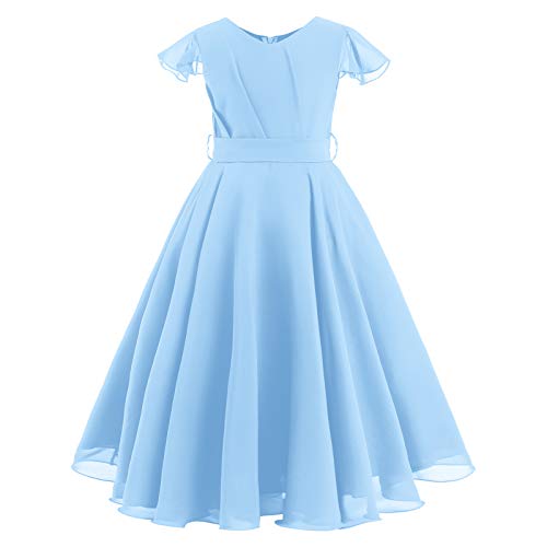 Blumenmädchenkleid Kinder Chiffon Kleid Mädchen Hochzeit Brautjungfer Maxikleid A-Linie Elegant Langes Abendkleid Festkleid Geburtstag Partykleid Ballkleid Sommerkleid mit Gürtel Blau 7-8 Jahre von FYMNSI