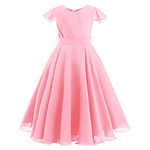 Blumenmädchenkleid Kinder Chiffon Kleid Mädchen Hochzeit Brautjungfer Maxikleid A-Linie Elegant Langes Abendkleid Festkleid Geburtstag Partykleid Ballkleid Sommerkleid mit Gürtel Rosa 5-6 Jahre von FYMNSI