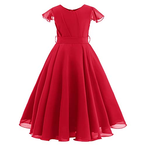 Blumenmädchenkleid Kinder Chiffon Kleid Mädchen Hochzeit Brautjungfer Maxikleid A-Linie Elegant Langes Abendkleid Festkleid Geburtstag Partykleid Ballkleid Sommerkleid mit Gürtel Rot 5-6 Jahre von FYMNSI