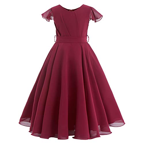 Blumenmädchenkleid Kinder Chiffon Kleid Mädchen Hochzeit Brautjungfer Maxikleid A-Linie Elegant Langes Abendkleid Festkleid Geburtstag Partykleid Ballkleid Sommerkleid mit Gürtel Weinrot 9-10 Jahre von FYMNSI