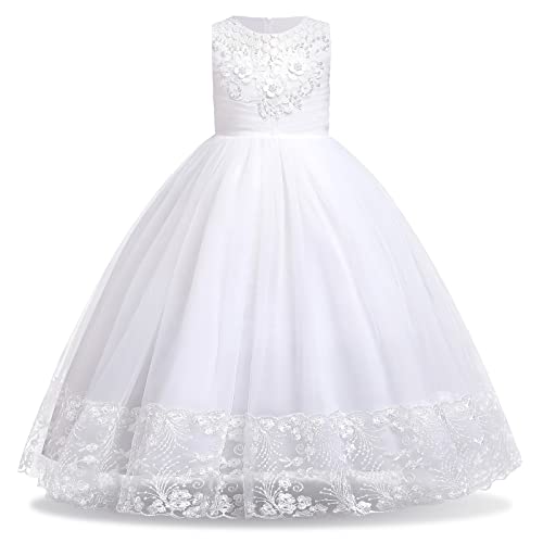 Blumenmädchenkleid Kinder Langes Abendkleid Hochzeit Brautjungfern Maxikleid Prinzessin Tüll Tütü Geburtstag Partykleid Ärmellos Festliches Festkleid Ballkleid Erstkommunionkleid Weiß 11-12 Jahre von FYMNSI