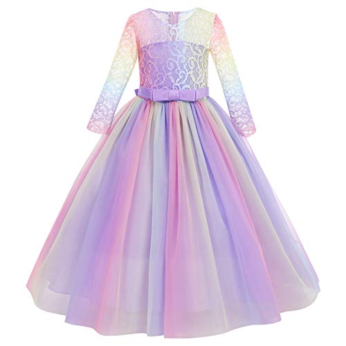 Blumenmädchenkleid Kinder Mädchen Langes Hochzeitskleid Regenbogen Tüllkleid Tütü Prinzessin Brautjungfern Festkleid Partykleid Maxikleid Erstkommunion Kleid Abendkleid Regenbogen + Lila 11-12 Jahre von FYMNSI