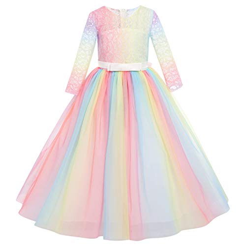 Blumenmädchenkleid Kinder Mädchen Langes Hochzeitskleid Regenbogen Tüllkleid Tütü Prinzessin Brautjungfern Festkleid Partykleid Maxikleid Erstkommunion Kleid Abendkleid Regenbogen + Weiß 7-8 Jahre von FYMNSI