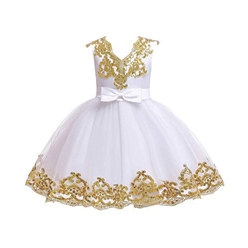 Blumenmädchenkleid Kleinkinder Baby Partykleid Kinder Mädchen Geburtstag Brautjungfer Hochzeitskleid Pailletten Tütü Prinzessin Elegant Festkleid A-Linie Kommunionskleid Ballkleid Weiß 4-5 Jahre von FYMNSI