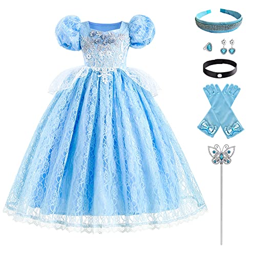 Cinderella Kleid Mädchen Aschenputtel Kostüm Kinder Prinzessin Cosplay Spitzenkleid Maxi Lang Abendkleid Festkleid mit Zubehör Halloween Karneval Fasching Verkleidung Geburtstag Party Blau 11-12J von FYMNSI