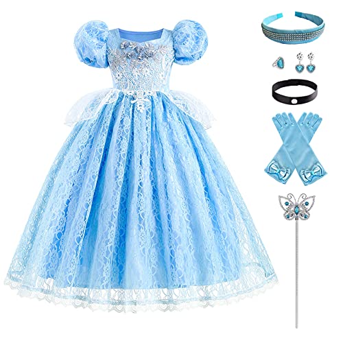 Cinderella Kleid Mädchen Aschenputtel Kostüm Kinder Prinzessin Cosplay Spitzenkleid Maxi Lang Abendkleid Festkleid mit Zubehör Halloween Karneval Fasching Verkleidung Geburtstag Party Blau 3-4 Jahre von FYMNSI