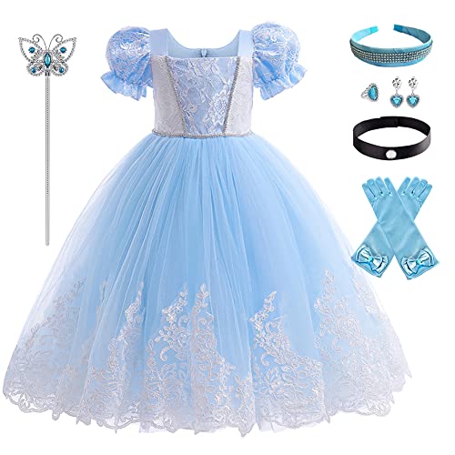 Cinderella Kleid Mädchen Aschenputtel Kostüm Kinder Prinzessin Cosplay Spitzenkleid Maxi Lang Abendkleid Festkleid mit Zubehör Halloween Karneval Fasching Verkleidung Geburtstag Party Hellblau 11-12J von FYMNSI