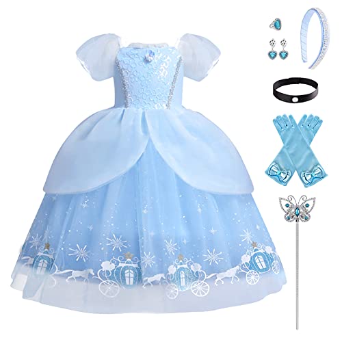 Cinderella Kostüm Kleid für Kinder Mädchen Aschenputtel Märchen Halloween Cospaly Karneval Fasching Prinzessin Kurzarm Tüll Maxikleid Geburtstag Verkleidung mit Zubehör Blau Kürbis Auto 5-6 Jahre von FYMNSI