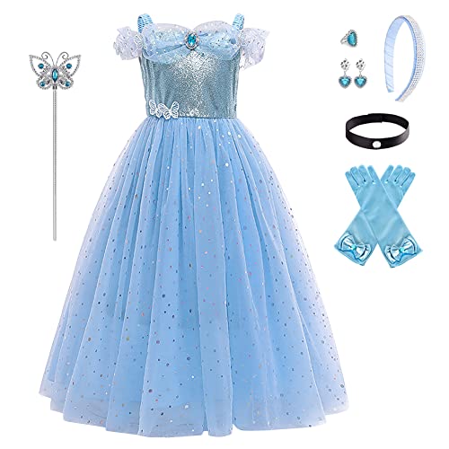Cinderella Kostüm Kleid für Kinder Mädchen Aschenputtel Märchen Halloween Cospaly Karneval Fasching Prinzessinnenkleid Schmetterling Schulterfrei Maxikleid Party Verkleidung mit Zubehör Blau 6-7J von FYMNSI