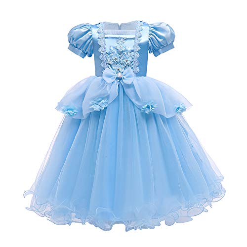 Cinderelle Kostüm Mädchen Aschenputtel Kleid Kinder Prinzessin Partykleid Halloween Cosplay Karneval Fasching Verkleidung Kurzarm Tüll Maxikleid Langes Abendkleid Ballkleid Kleidung Blau 6-7 Jahre von FYMNSI