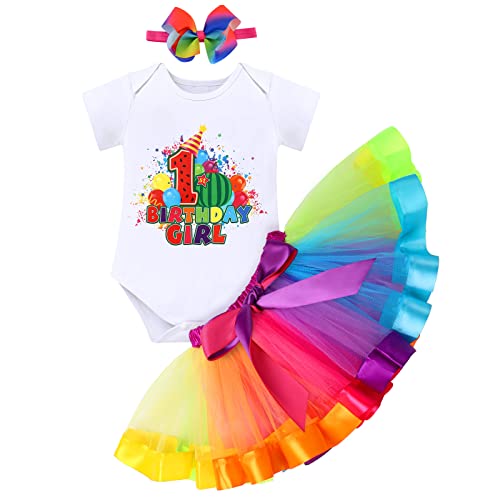 FYMNSI 1. Erster Geburtstag Outfit Regenbogen Tütü Rock Kurzarm Strampler Body Stirnband Cartoon 1 Jahr Party Fotoshooting Fotografie Fasching Kostüme Bekleidungsset 1st Birthday Girl 1 Jahr von FYMNSI