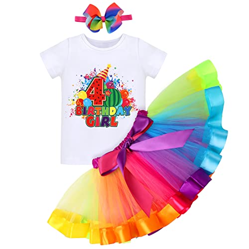 FYMNSI 4. Vierten Geburtstag Outfit Regenbogen Tütü Rock Kurzarm T-shirt Tops Stirnband Cartoon 4 Jahre Party Fotoshooting Fotografie Fasching Kostüme Bekleidungsset 4th Birthday Girl 4 Jahre von FYMNSI