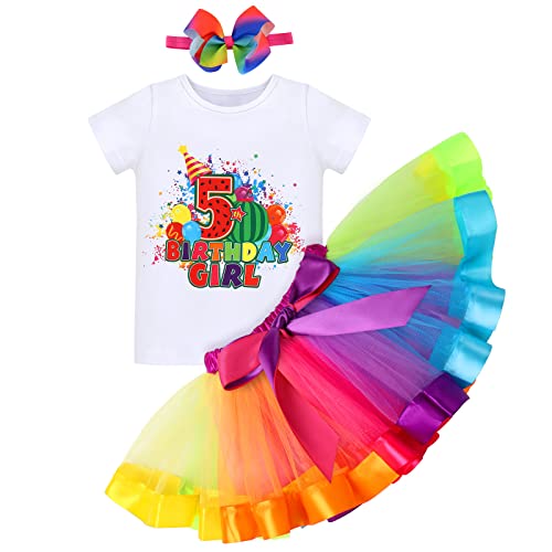 FYMNSI 5. Fünfter Geburtstag Outfit Regenbogen Tütü Rock Kurzarm T-shirt Tops Stirnband Cartoon 5 Jahre Party Fotoshooting Fotografie Fasching Kostüme Bekleidungsset 5th Birthday Girl 5 Jahre von FYMNSI