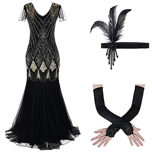 Damen 1920er 20er Jahre Great Gatsby V-Ausschnitt Paisley Pailletten Gefüttert Flapper Kleid mit Zubehör Cocktailkleid Abendkleider Maxikleid für Motto Party Hochzeit Fasching Kostüm Schwarz Gold L von FYMNSI