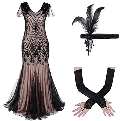 Damen 1920er 20er Jahre Great Gatsby V-Ausschnitt Paisley Pailletten Gefüttert Flapper Kleid mit Zubehör Cocktailkleid Abendkleider Maxikleid für Motto Party Hochzeit Fasching Kostüm Schwarz Rosa XL von FYMNSI