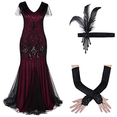 Damen 1920er 20er Jahre Great Gatsby V-Ausschnitt Paisley Pailletten Gefüttert Flapper Kleid mit Zubehör Cocktailkleid Abendkleider Maxikleid für Motto Party Hochzeit Fasching Kostüm Schwarz Rot 2XL von FYMNSI