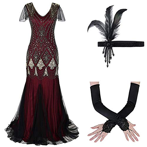 Damen 1920er 20er Jahre Great Gatsby V-Ausschnitt Paisley Pailletten Gefüttert Flapper Kleid mit Zubehör Cocktailkleid Abendkleider Maxikleid für Motto Party Hochzeit Fasching Kostüm Weinrot+Gold M von FYMNSI