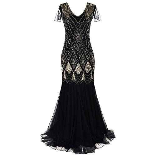 Damen 1920er Jahre Gatsby Flapper Kleid Jahrgang Vintage Lange Meerjungfrau Ballkleid V-Ausschnitt Abschlussball Pailletten Tüll Bodenlänge Abendkleid Motto Party Fasching Kostüm Schwarz + Gold 2XL von FYMNSI