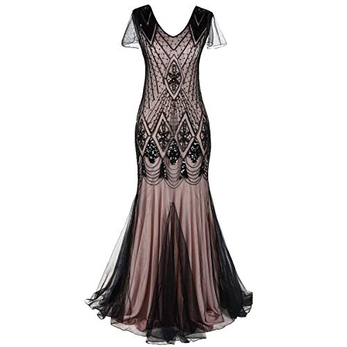 Damen 1920er Jahre Gatsby Flapper Kleid Jahrgang Vintage Lange Meerjungfrau Ballkleid V-Ausschnitt Abschlussball Pailletten Tüll Bodenlänge Abendkleid Motto Party Fasching Kostüm Schwarz + Pink S von FYMNSI