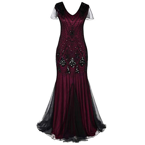 Damen 1920er Jahre Gatsby Flapper Kleid Jahrgang Vintage Lange Meerjungfrau Ballkleid V-Ausschnitt Abschlussball Pailletten Tüll Bodenlänge Abendkleid Motto Party Fasching Kostüm Schwarz + Rot 2XL von FYMNSI