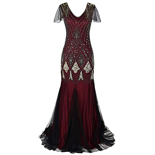 Damen 1920er Jahre Gatsby Flapper Kleid Jahrgang Vintage Lange Meerjungfrau Ballkleid V-Ausschnitt Abschlussball Pailletten Tüll Bodenlänge Abendkleid Motto Party Fasching Kostüm Weinrot + Gold M von FYMNSI