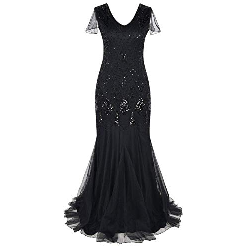 Damen 1920er Jahre Gatsby Flapper Kleid Jahrgang Vintage Lange Meerjungfrau Ballkleid V-Ausschnitt Abschlussball Pailletten Tüll Maxikleid Bodenlänge Abendkleid Motto Party Fasching Kostüm Schwarz XL von FYMNSI