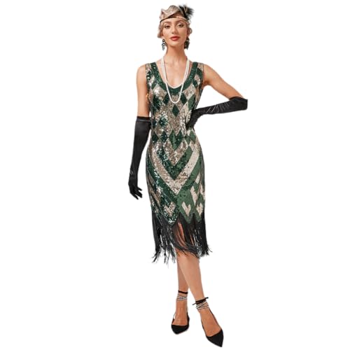 Damen 1920er Jahre V-Ausschnitt Pailletten Fransen Kleid Flapper Charleston Kleider Cocktailkleid Partykleid Gatsby Pailletten Quasten Abendkleid 20er Jahre Kost?m AbschlussballKleid Gold + Gr?n XL von FYMNSI