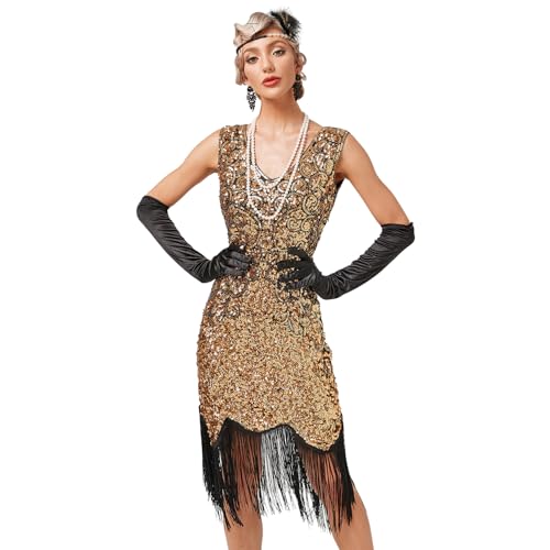 Damen 1920er Jahre V-Ausschnitt Pailletten Fransen Kleid Flapper Charleston Kleider Cocktailkleid Partykleid Gatsby Pailletten Quasten Abendkleid 20er Jahre Kost?m AbschlussballKleid Gold + Schwarz XL von FYMNSI