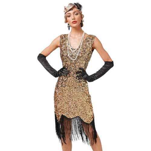 Damen 1920er Jahre V-Ausschnitt Pailletten Fransen Kleid Flapper Charleston Kleider Cocktailkleid Partykleid Gatsby Pailletten Quasten Abendkleid 20er Jahre Kost?m AbschlussballKleid Gold +Schwarz 3XL von FYMNSI