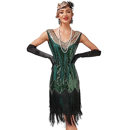 Damen 1920er Jahre V-Ausschnitt Pailletten Fransen Kleid Flapper Charleston Kleider Cocktailkleid Partykleid Gatsby Pailletten Quasten Abendkleid 20er Jahre Kost?m AbschlussballKleid Gr?n Quaste L von FYMNSI