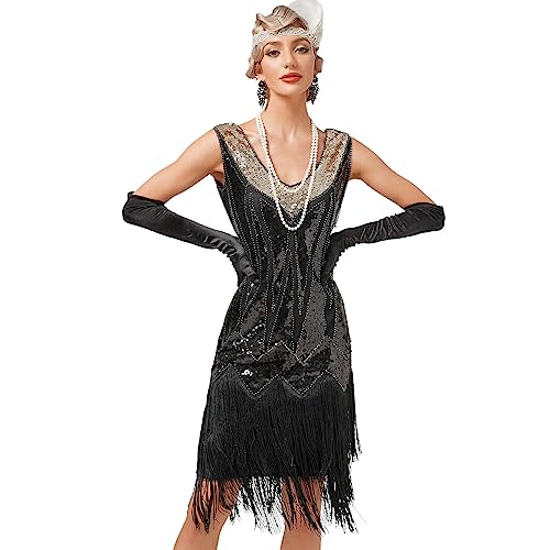 Damen 1920er Jahre V-Ausschnitt Pailletten Fransen Kleid Flapper Charleston Kleider Cocktailkleid Partykleid Gatsby Pailletten Quasten Abendkleid 20er Jahre Kost?m AbschlussballKleid Schwarz XXL von FYMNSI