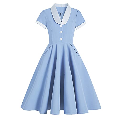 Damen 1950er Vintage Rockabilly Kleid Retro Hepburn Stil Schwingen Pin Up Faltenrock Knopf Petticoat Kleider mit Tasche Kurzarm Partykleid Cocktail A-Linie Ballkleid Abendkleid Hellblau + Weiß 2XL von FYMNSI