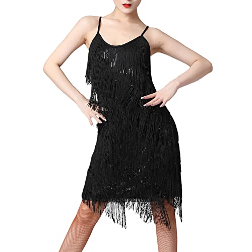 Damen 20er Jahre Kostüm Charleston Fransenkleid Pailletten Quaste Flapper Kleid Latin Tanzkleid Rave Festival Träger Minikleid Vintage Gatsby 1920er Cocktail Partykleid Salsa Tango Schwarz L von FYMNSI