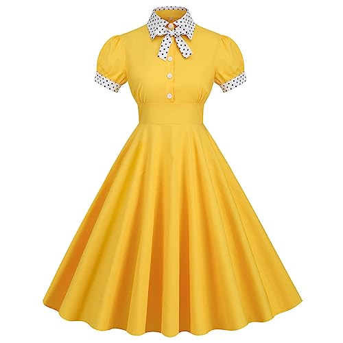 Damen 50er Jahre Kleid Abendkleider Elegant Hochzeit Retro Vintage 1950er Rockabilly Petticoat Kleider mit Kragen Kurzarm Gepunktet Cocktailkleid Swing Midi Partykleid Freizeitkleid Gelb XXL von FYMNSI