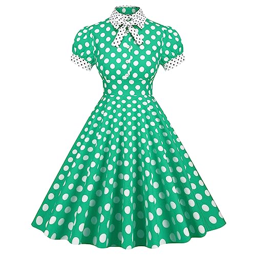 Damen 50er Jahre Kleid Abendkleider Elegant Hochzeit Retro Vintage 1950er Rockabilly Petticoat Kleider mit Kragen Kurzarm Gepunktet Cocktailkleid Swing Midi Partykleid Freizeitkleid Grün L von FYMNSI