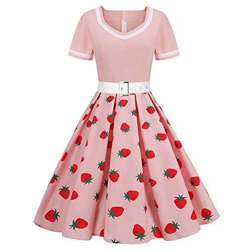 Damen 50er Jahre Rockabilly Kleid, 60er Retro Vintage Gepunktet Kleid Mit Gürtel Audrey Hepburn Kurzarm Partykleider Festkleid Midikleid A Linie Swing Abendkleider Cocktailkleider Rosa Erdbeere 4XL von FYMNSI