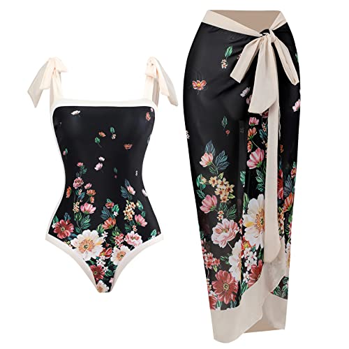 Damen Badeanzug Bauchweg Monokini Elegant Blumen Gedruckt Badeanzugkleid Badekleid Schwimmrock Retro Schwimmkleid Baderock Tankini Sport Schwimmanzug Bademode Swimsuit Sportbadeanzüge Schwarz Blumen S von FYMNSI