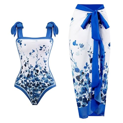 Damen Badeanzug Bauchweg Monokini Vintage Blumen Gedruckt Badeanzugkleid Badekleid Schwimmrock Retro Schwimmkleid Baderock Tankini Sport Schwimmanzug Bademode Swimsuit Sportbadeanzüge Dunkelblau L von FYMNSI