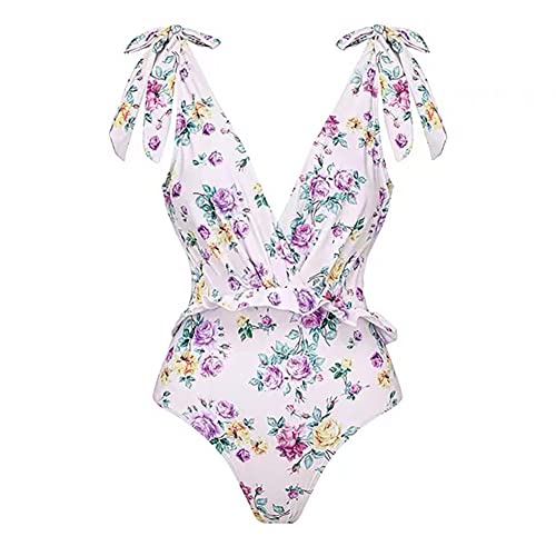 Damen Badeanzug Einteilige Monokini Raffung Bauchweg V-Ausschnitt Rückenfrei Schwimmanzug Bademode Blumen Gedruckt Figurformende Badeanzüge Sexy Push Up Sport Swimsuit Strandmode Sommer Lila Blumen L von FYMNSI