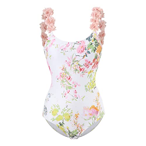 Damen Badeanzug Einteilige Monokini Raffung Bauchweg V-Ausschnitt Rückenfrei Schwimmanzug Bademode Blumen Gedruckt Figurformende Badeanzüge Sexy Push Up Sport Swimsuit Strandmode Sommer Rosa Blumen S von FYMNSI